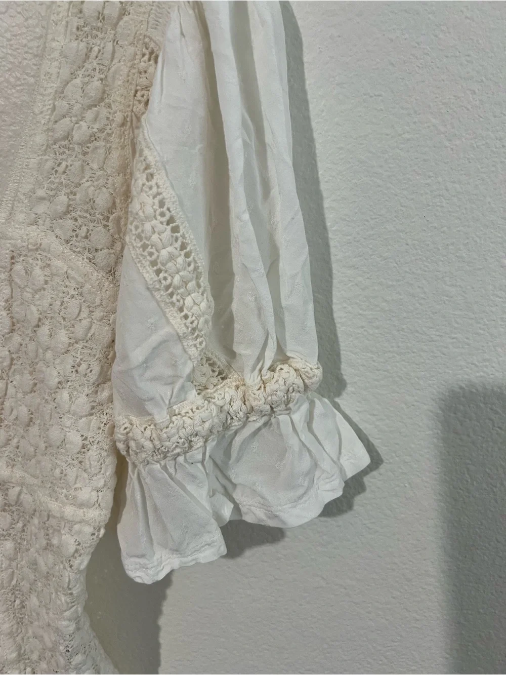 Free People Ivory Lace Square-Neck Puff Sleeve Top